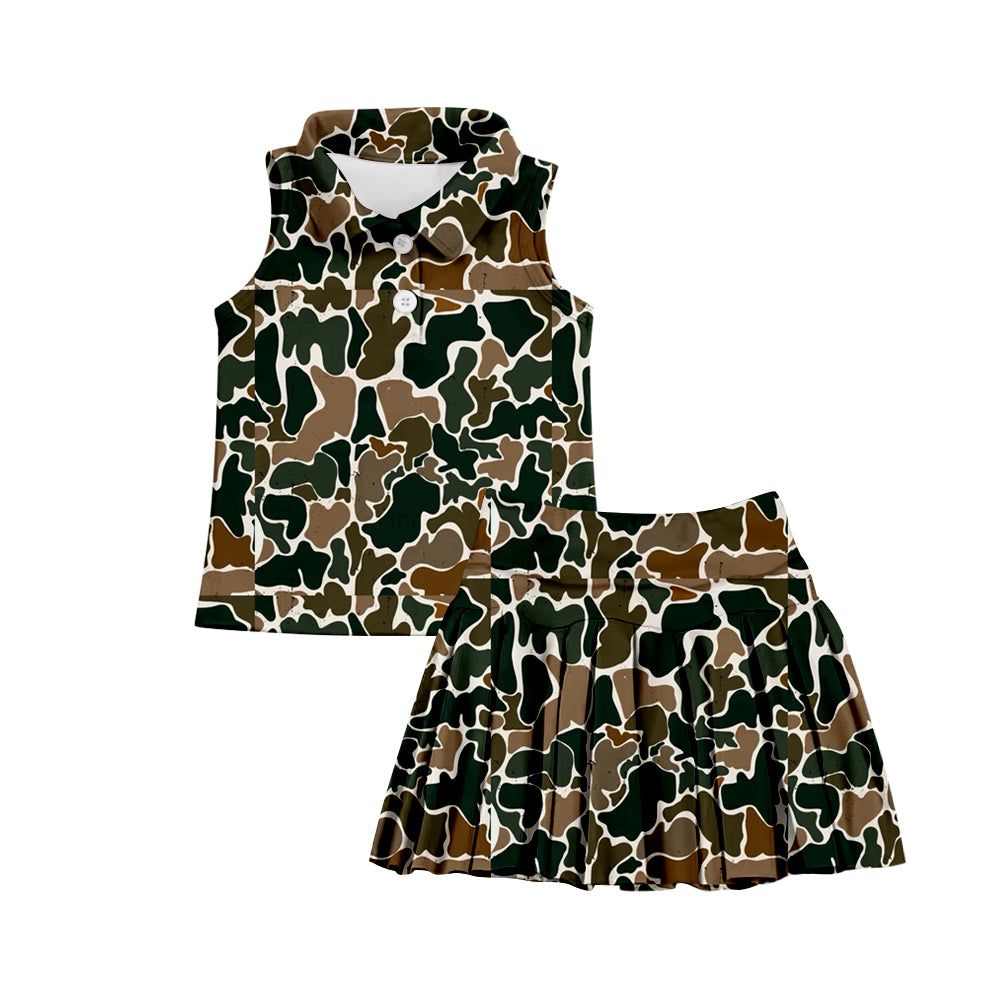 (Custom Design Preorder MOQ 5) Brown Camo Print Shorts Skirts Girls Summer Yoga Clothes Set
