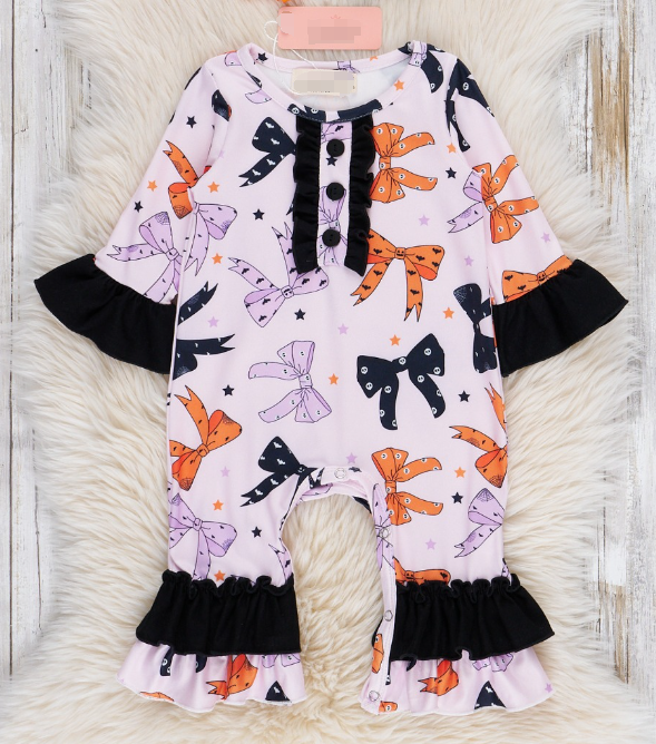 (Custom Design Preorder MOQ 5) Orange Purple Bows Print Baby Girls Halloween Romper