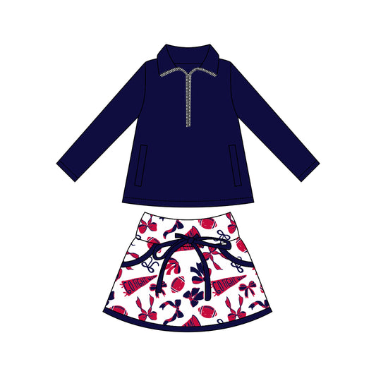 (Custom Design Preorder MOQ 5) Navy Zipper Pullover Top Team's Cheer Bows Skirts Girls Clothes Sets
