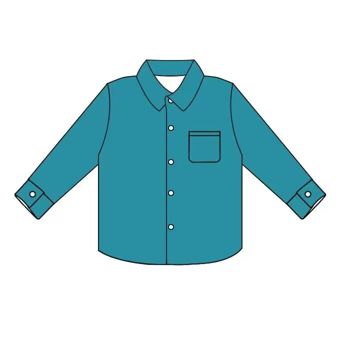 (Custom Design Preorder MOQ 5) Blue Color Long Sleeve Pockets Kids Tee Shirts Top