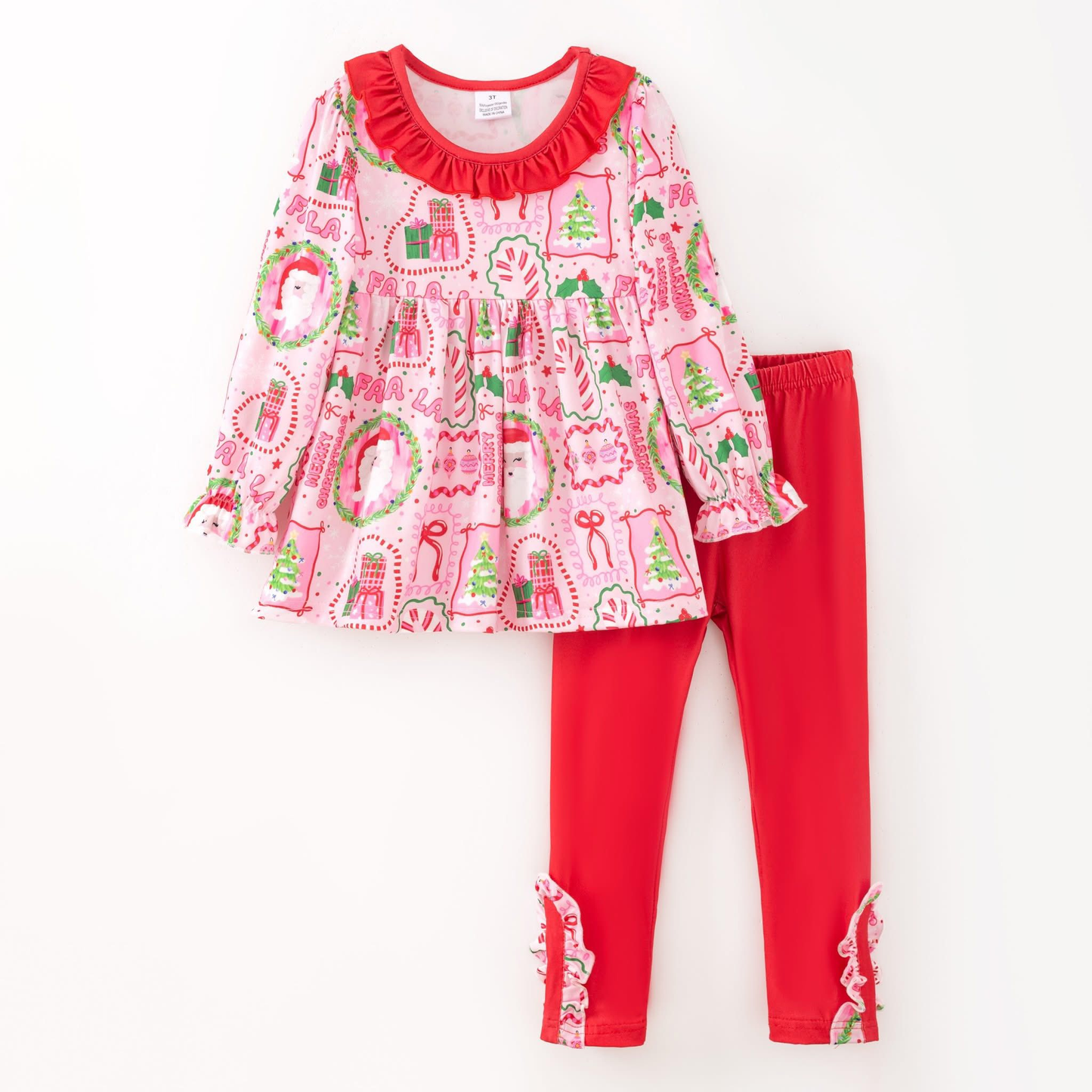 (Custom Design Preorder MOQ 5) Santa Tunic Top Red Pants Girls Christmas Clothes Set