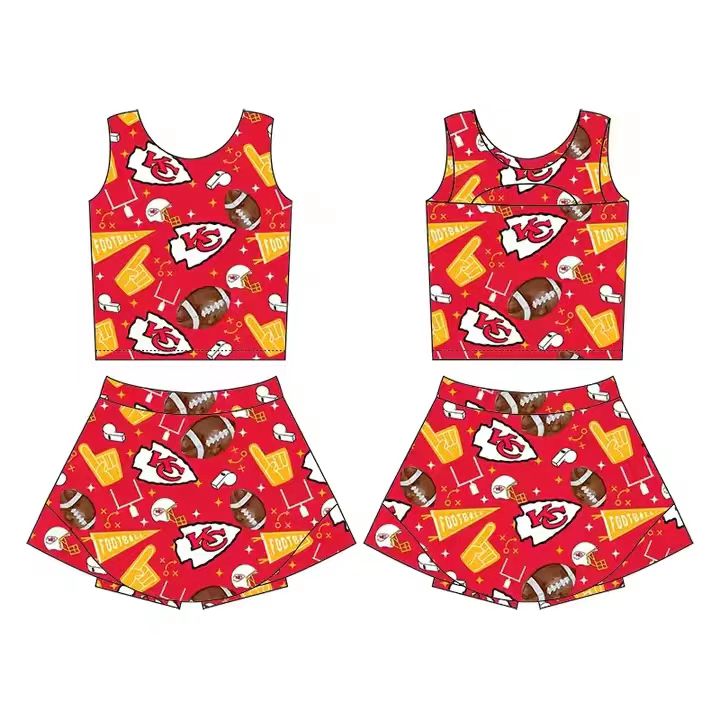 (Custom Design Preorder MOQ 5) Team's KC CHIEFS Red Print Shorts Skirts Girls Summer Yoga Clothes Set