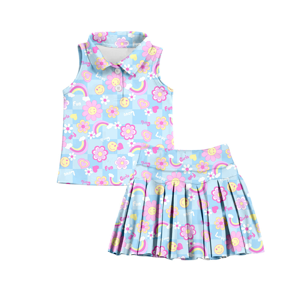 (Custom Design Preorder MOQ 5) Smiling Face Flowers Print Shorts Skirts Girls Summer Yoga Clothes Set