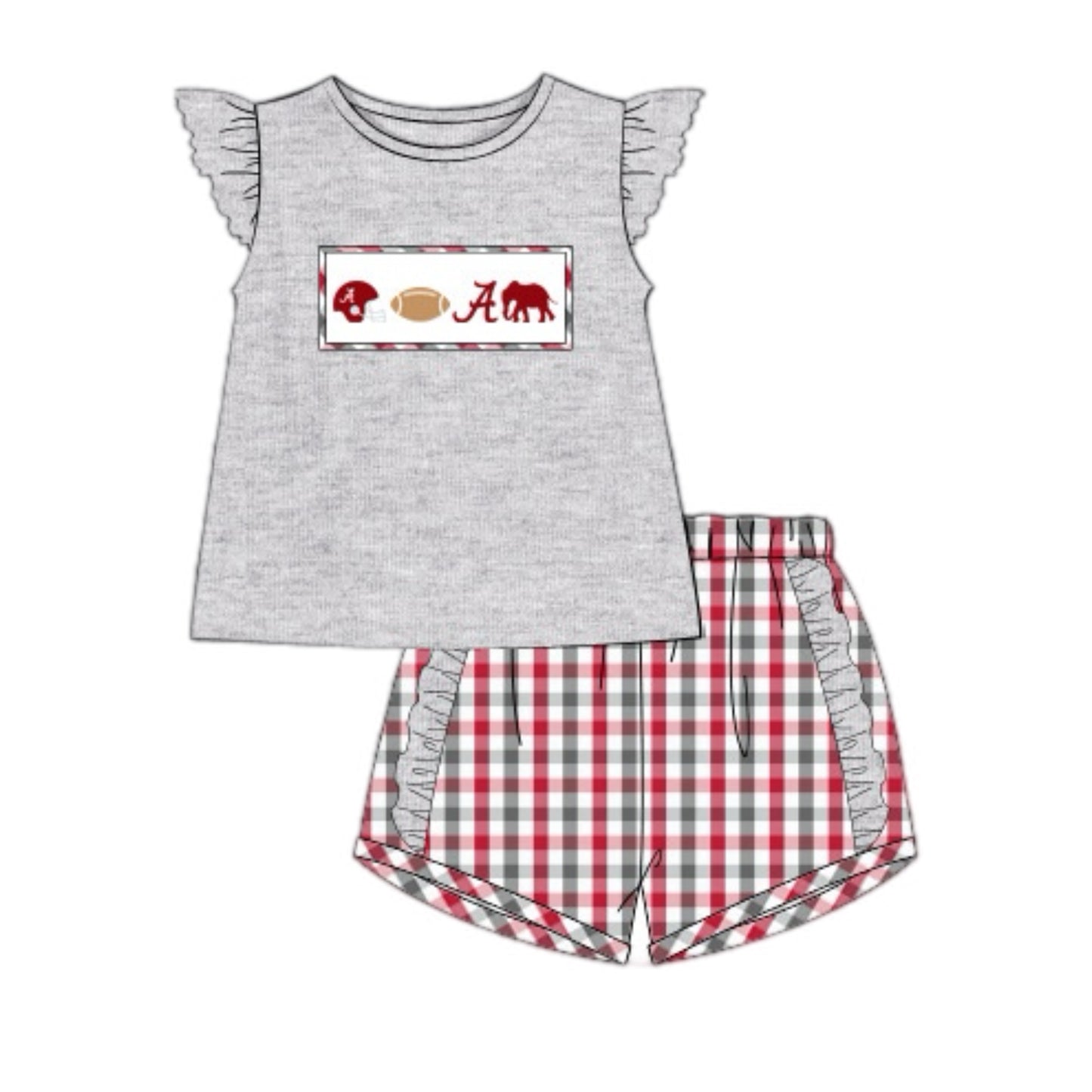 (Custom Design Preorder MOQ 5) Alabama Football Team's Grey Top Plaid Shorts Girls Summer Clothes Set