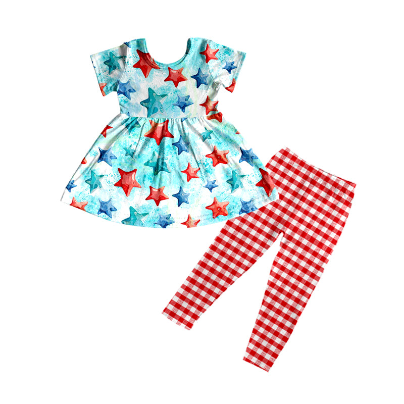 (Custom Design Preorder MOQ 5) Blue Red Stars Print Tunic Top Red Plaid Legging Pants Girls 4th of July Clothes Set