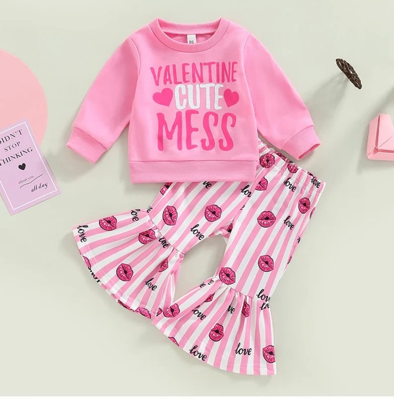 (Custom Design Preorder MOQ 5) Valentine Cute Mess Love Kidss Print Girls Clothes Set