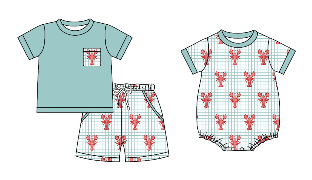 12.4 (Custom Design Preorder MOQ 5 Each Design) Crayfish Plaid Print Boys Summer Matching Clothes Brothers Wear