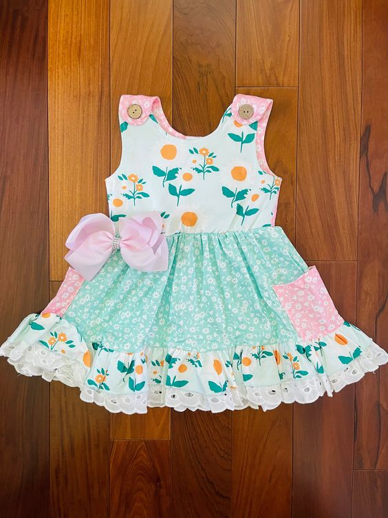 (Custom Design Preorder MOQ 5) Flowers Print Pockets Girls Knee Length Summer Dress