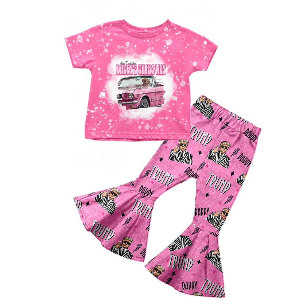 (Custom Design Preorder MOQ 5) Daddy's On His Way Trump Pink Bell Pants Girls Clothes Set
