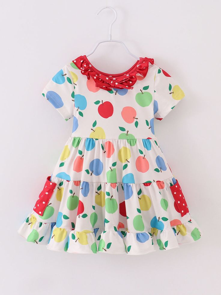 (Custom Design Preorder MOQ 5) Colorful Apples Print Girls Knee Length Summer Dress