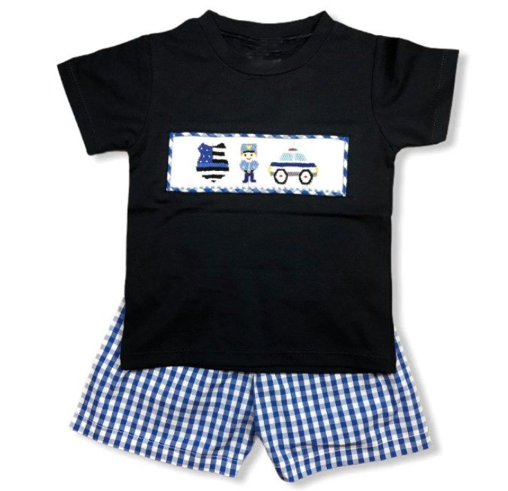 (Custom Design Preorder MOQ 5 ) Police Navy Top Plaid Shorts Boys Summer Clothes Set