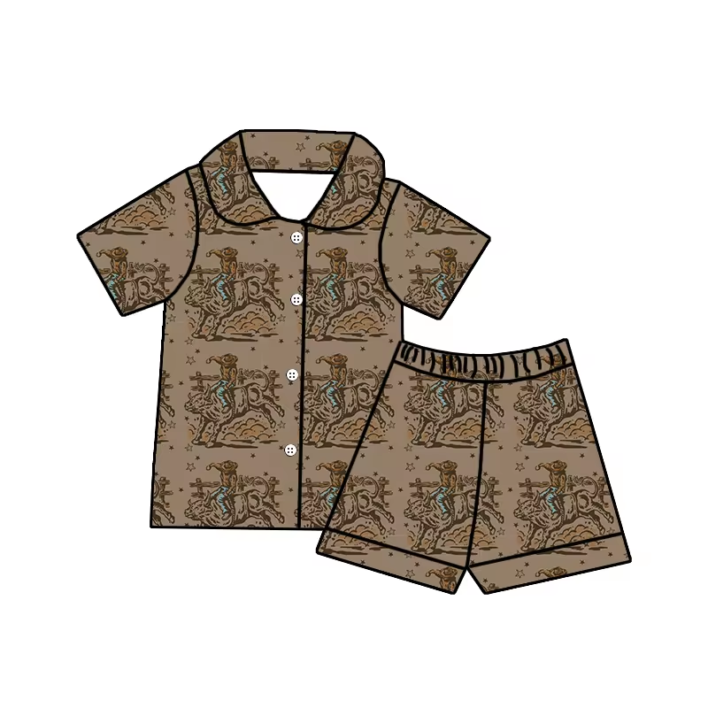 (Custom Design Preorder MOQ 5) Brown Rodeo Print Boys Summer Pajamas Western Clothes Set