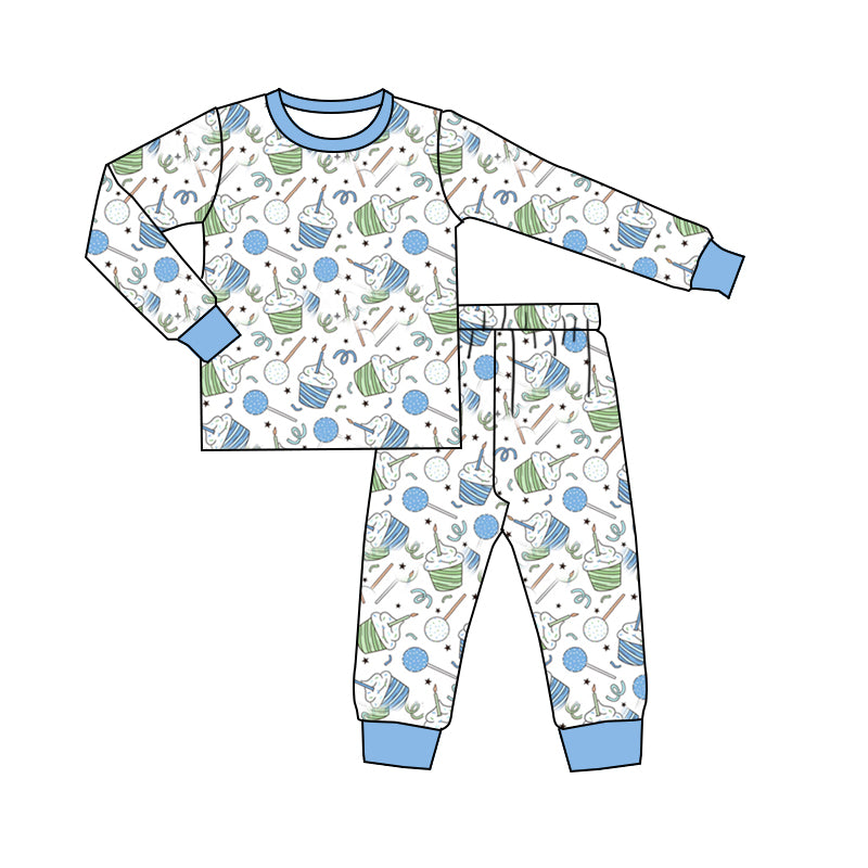 (Custom Design Preorder MOQ 5) Cake Lollipop Print Boys Birthday Pajamas Clothes Set