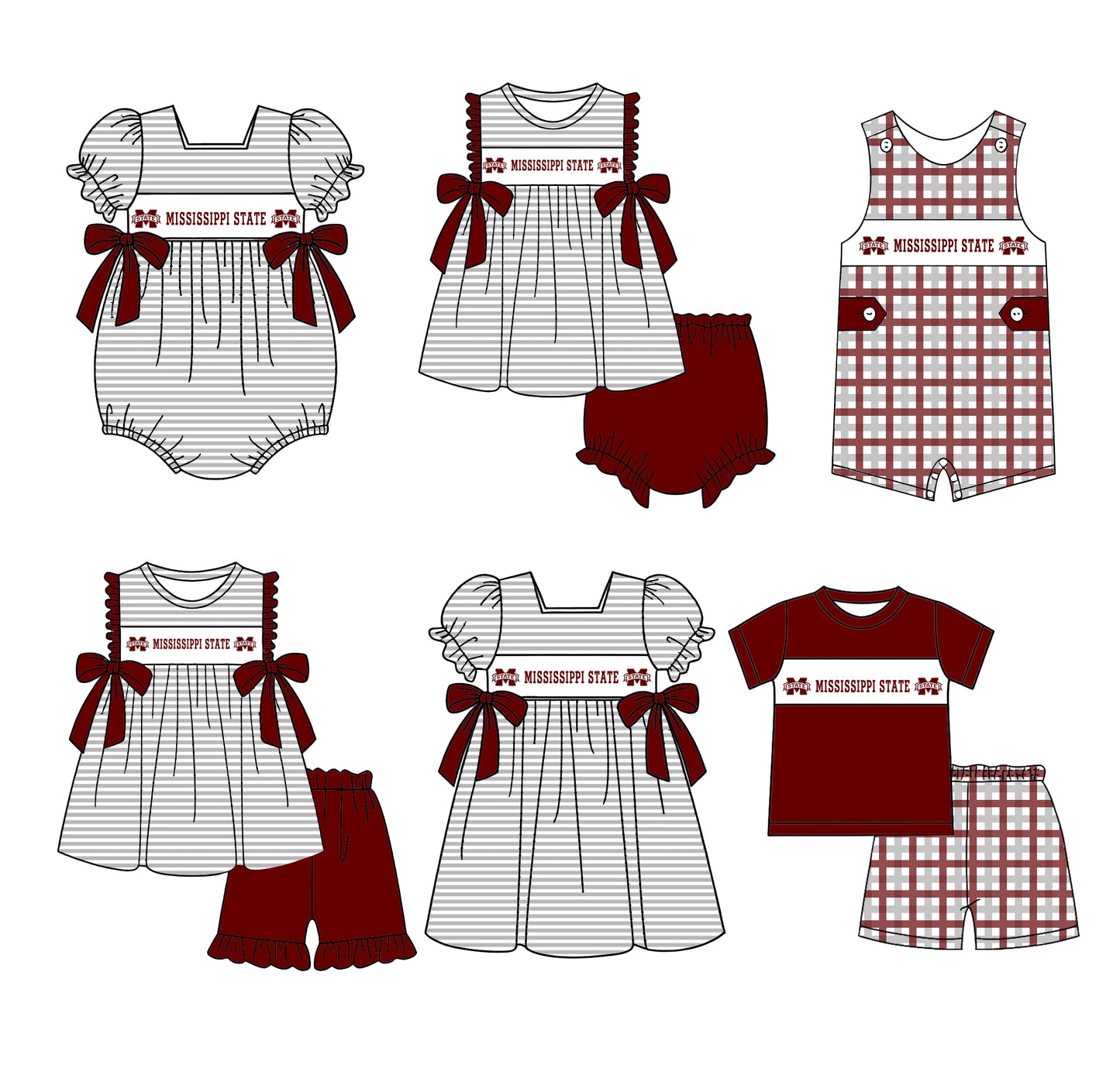 (Custom Design Preorder MOQ 5 Each Design) Team's Mississippi State Print Kids Summer Matching Clothes Sibling Wear