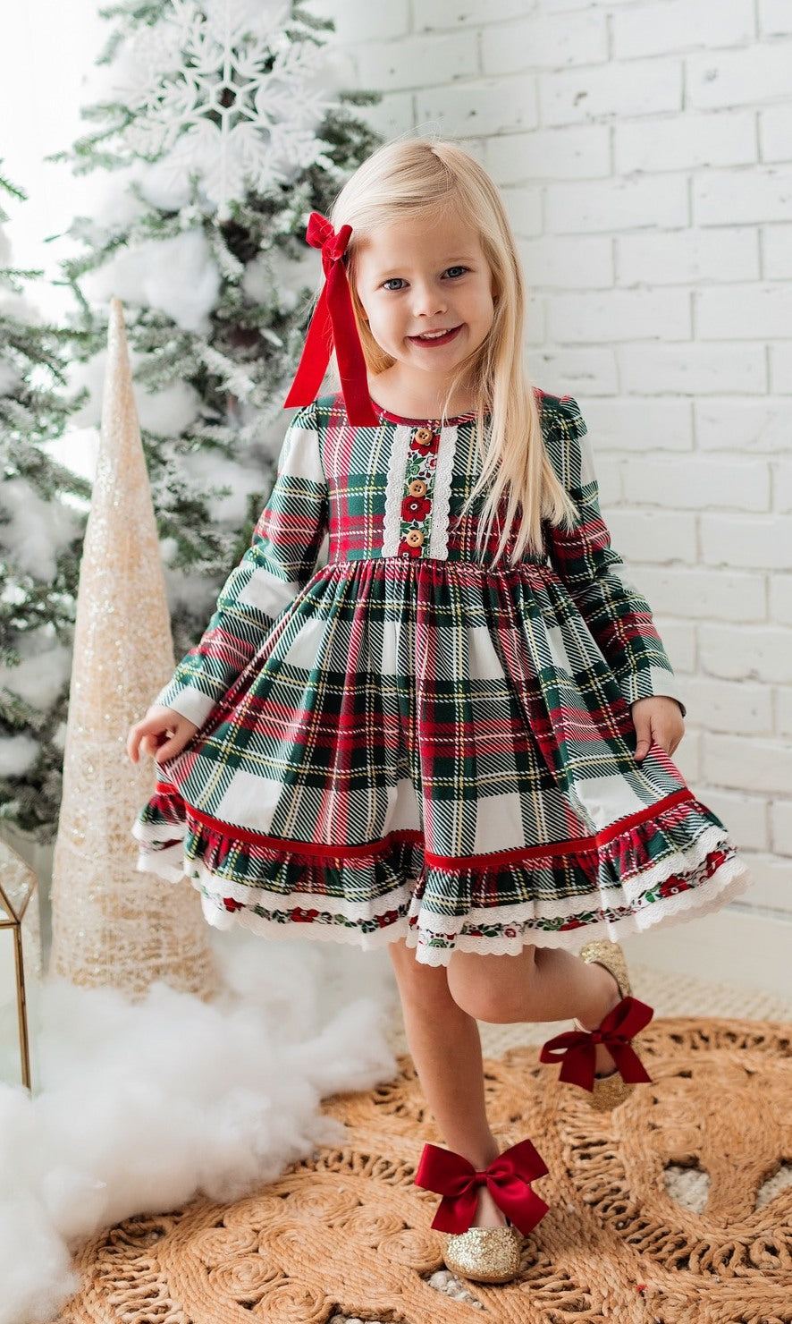 (Custom Design Preorder MOQ 5) Green Red Plaid Print Girls Knee Length Christmas Dress