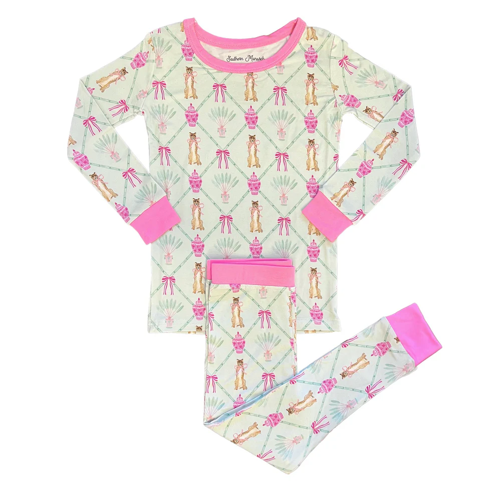 (Custom Design Preorder MOQ 20) Leopard Bows Print Girls Bamboo Pajamas Clothes Set