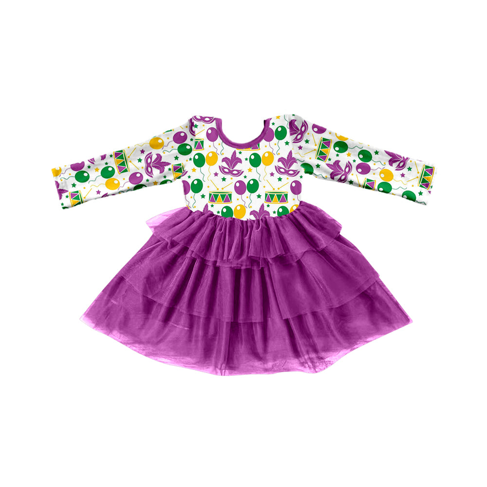 (Custom Design Preorder MOQ 5) Mask Balloon Print Girls Mardi Gras Knee Length Tulle Dress