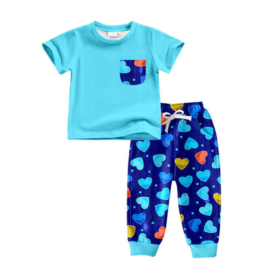 (Custom Design Preorder MOQ 5) Blue Pocket Top Heart Print Pants Boys Valentine's Clothes Set