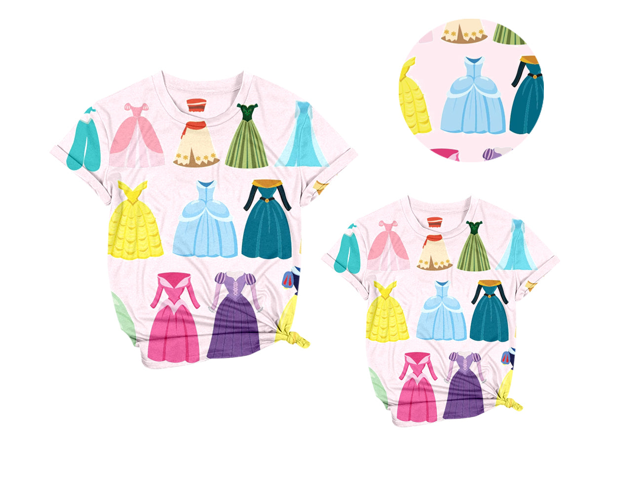 3.10(Custom Design Preorder MOQ 5 Each Design) Cartoon Princess Dress Print Short Sleeve Tee Shirts Top Mom and Me Matching Clothes