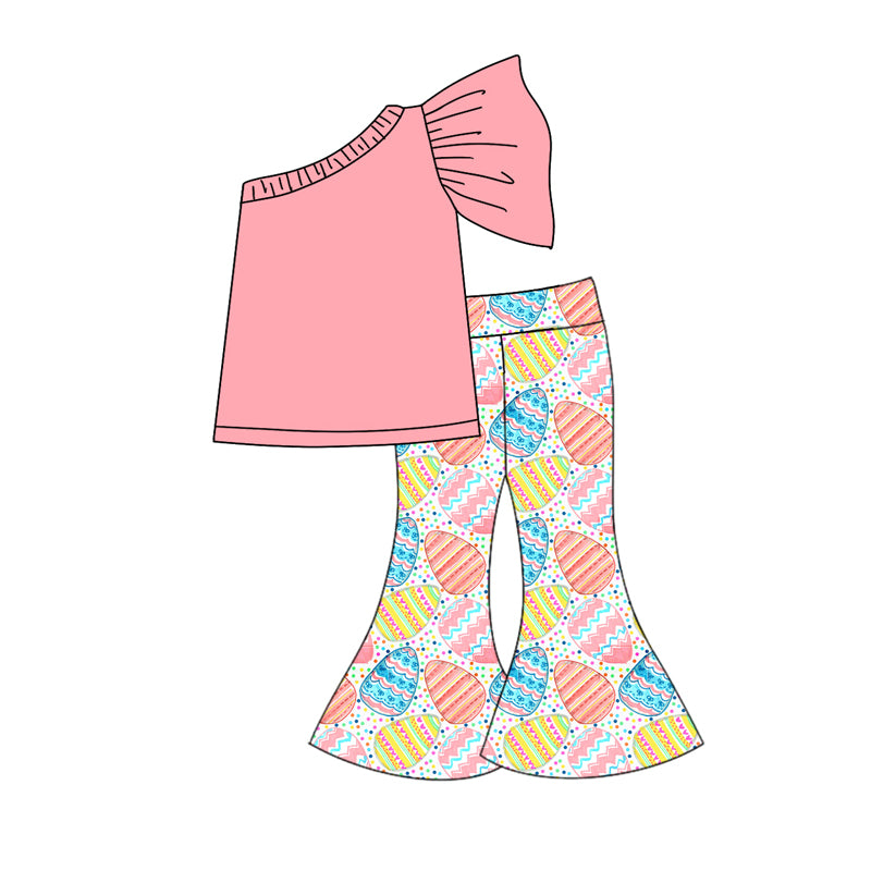 (Custom Design Preorder MOQ 5) Pink Top Colorful Eggs Bell Pants Girls Easter Clothes Set