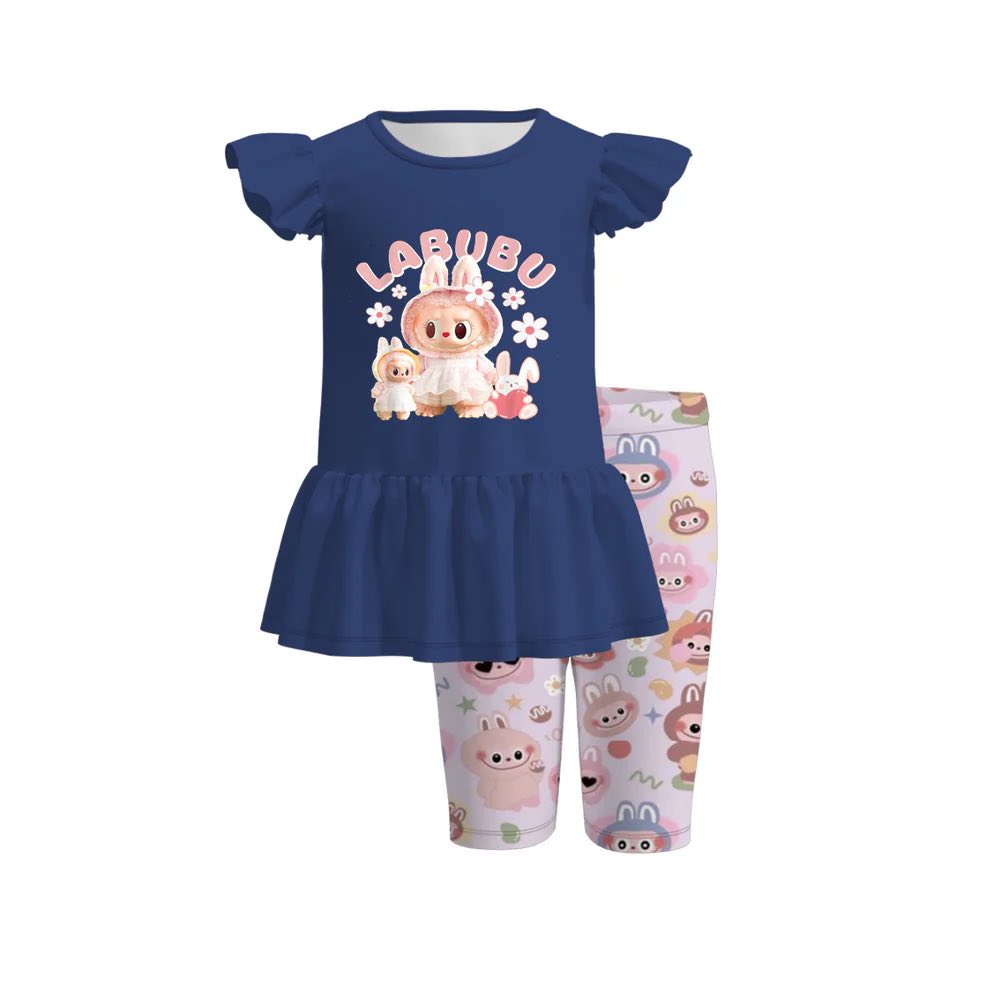 (Custom Design Preorder MOQ 5) Cartoon Animals Flowers Tunic Top Shorts Girls Summer Clothes Set