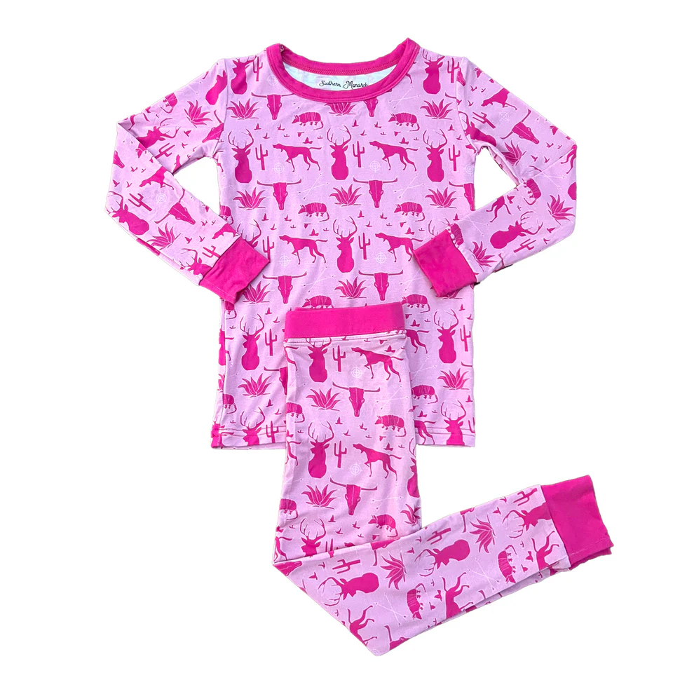 (Custom Design Preorder MOQ 20) Dog Deer Pink Print Girls Hunting Bamboo Pajamas Clothes Set
