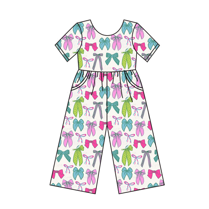(Custom Design Preorder MOQ 5) Colorful Bows Print Pockets Girls Summer Jumpsuits