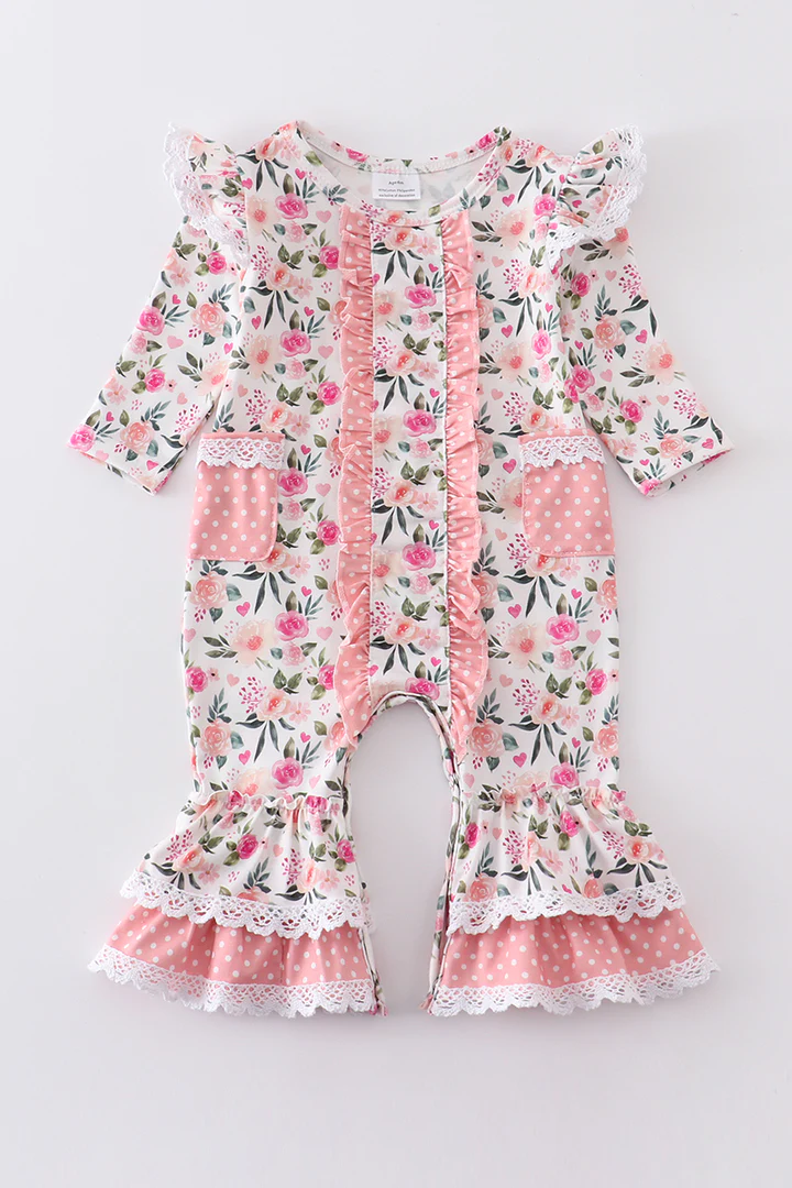 (Custom Design Preorder MOQ 5) Pink Flowers Pockets Spring Romper