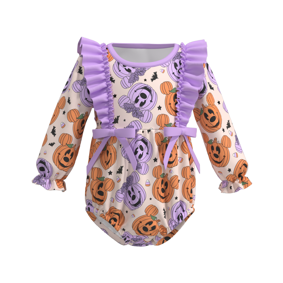 (Custom Design Preorder MOQ 5) Cartoon Mouse Pumpkin Print Baby Girls Halloween Romper