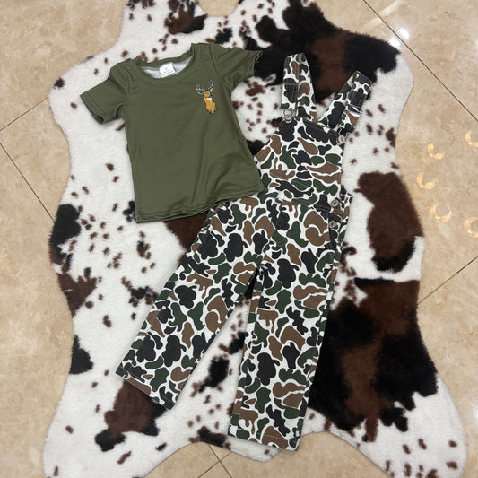 BT1148+P0535 Deer Green Top Camo Suspender Denim Overall Jumpsuits Kids Hunting Clothes Set