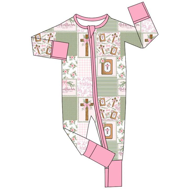 (Custom Design Preorder MOQ 5) Risen Cross Plaid Print Baby Girls Easter Zipper Sleeper Romper