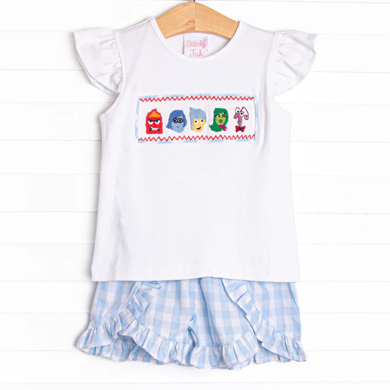 (Custom Design Preorder MOQ 5) Cartoon Figure Inside Out Top Blue Plaid Shorts Girls Summer Clothes Set