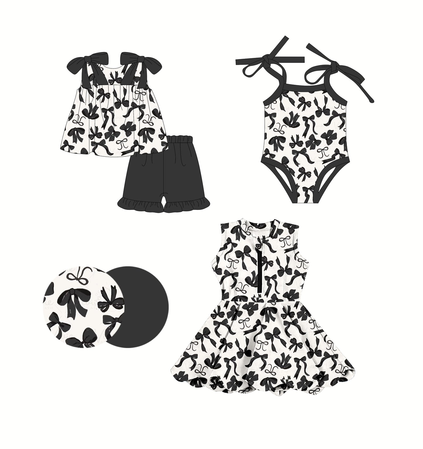 2.24(Custom Design Preorder MOQ 5 Each Design) Black Bows Print Girls Summer Matching Clothes Sisters Wear