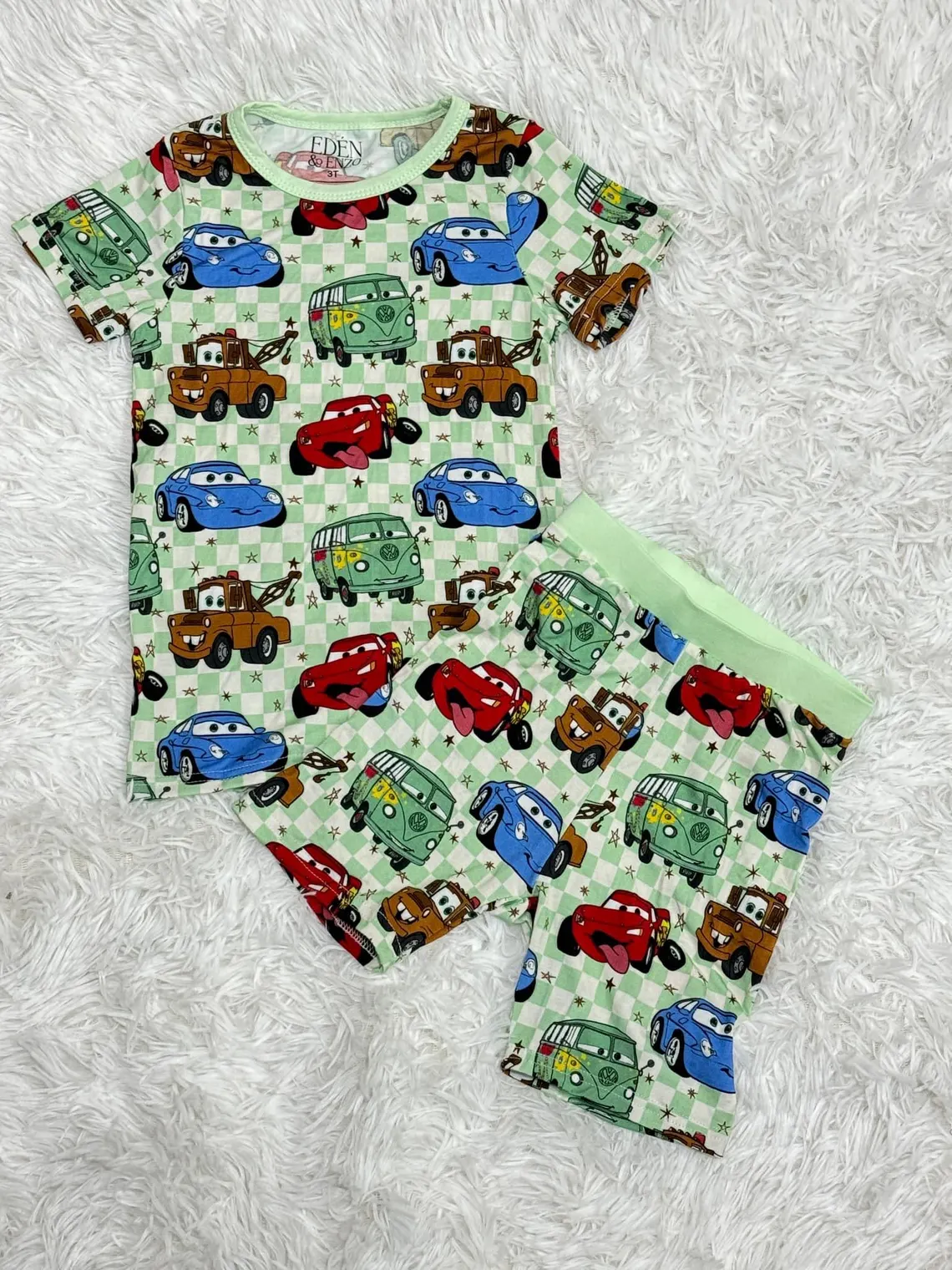 (Custom Design Preorder MOQ 5) Cartoon Cars Plaid Print Kids Summer Pajamas Clothes Set