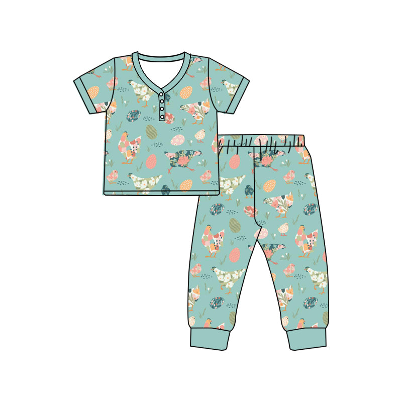 1.7(Custom Design Preorder MOQ 5 Each Design) Chicken Eggs Flowers Print Pajamas Sets Mom and Me Easter Matching Clothes