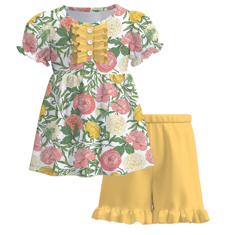 (Custom Design Preorder MOQ 5) Flowers Tunic Top Yellow Shorts Girls Summer Clothes Set
