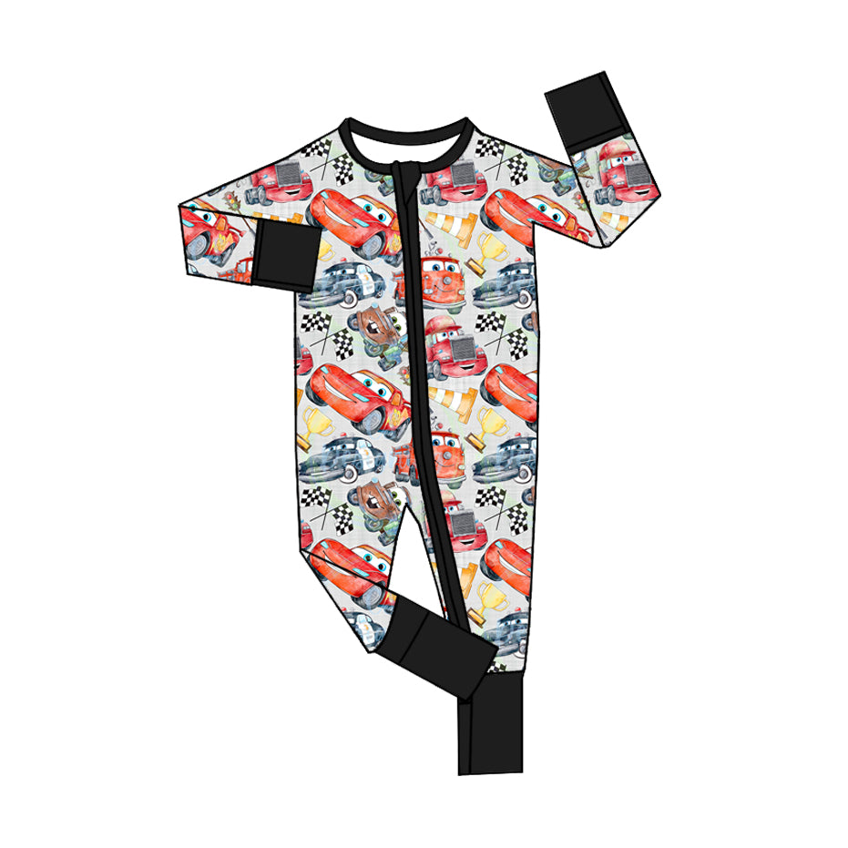 (Custom Design Preorder MOQ 20) Cartoon Cars Print Baby Boys Fall Bamboo Sleeper Zipper Romper