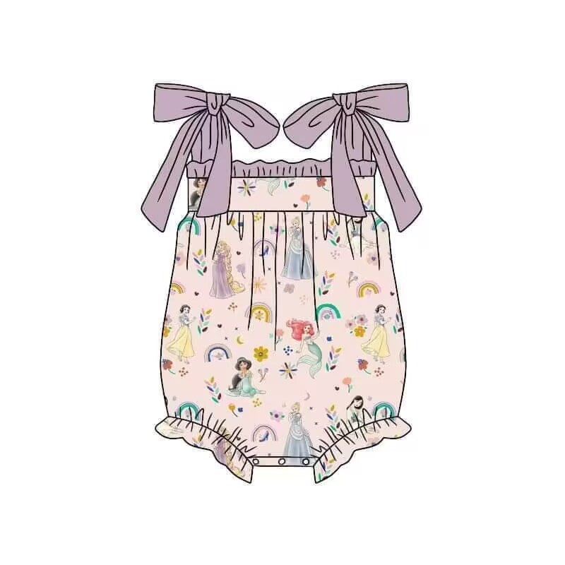 (Custom Design Preorder MOQ 5) Cartoon Princess Print Baby Girls Summer Strap Romper