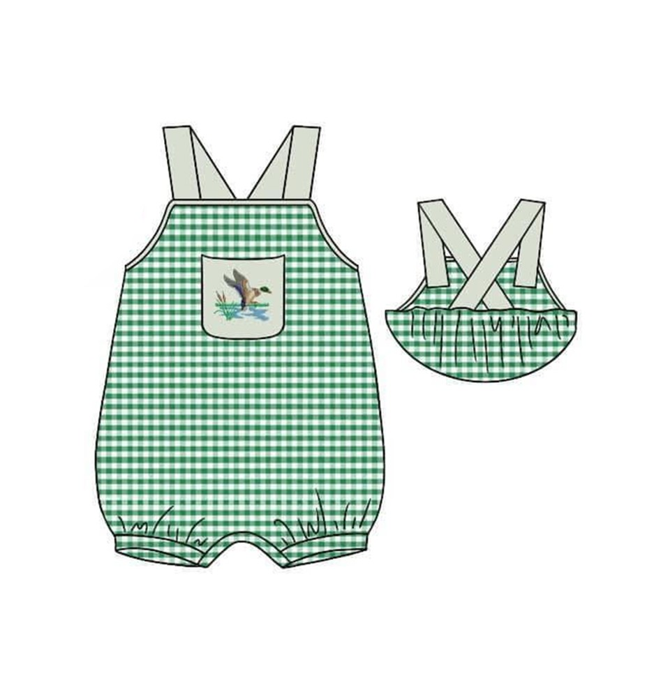 (Custom Design Preorder MOQ 5) Duck Green Plaid Print Baby Summer Romper