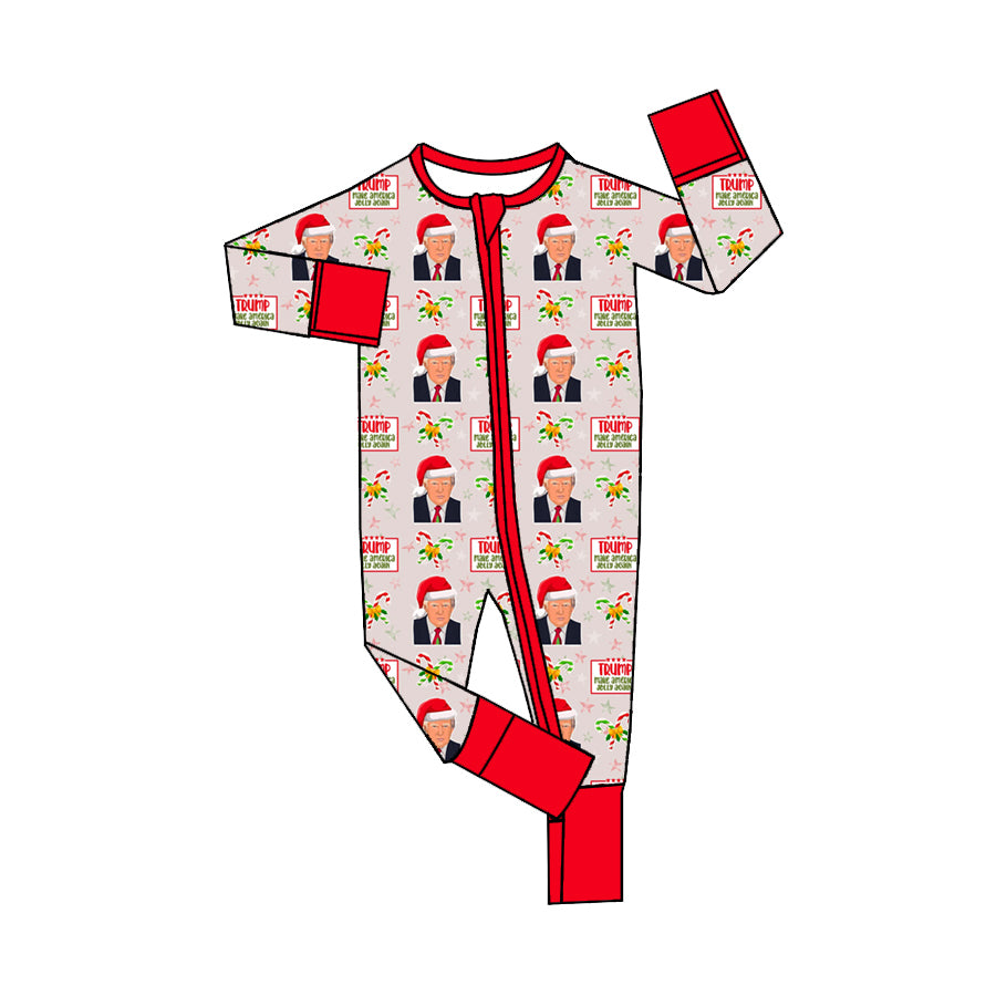 (Custom Design Preorder MOQ 20) Trump Candy Cane Print Baby Christmas Sleeper Zipper Long Sleeve Romper