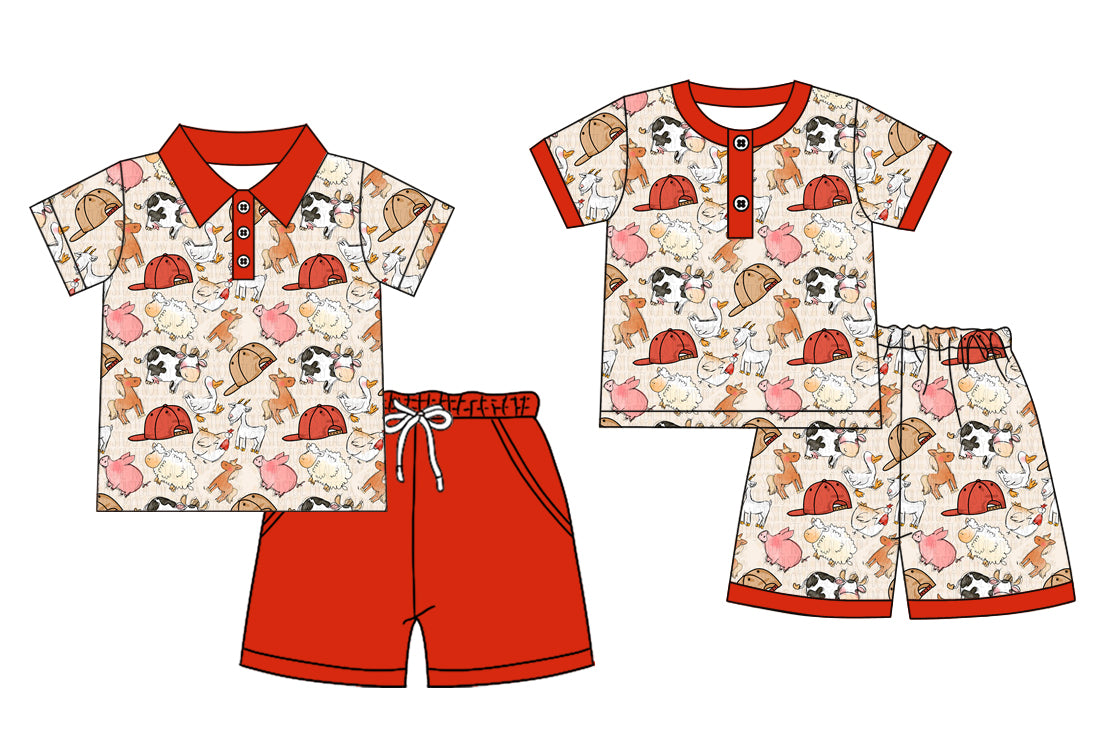 12.1(Custom Design Preorder MOQ 5 Each Design) Farm Animals Print Boys Summer Matching Clothes Brothers Wear