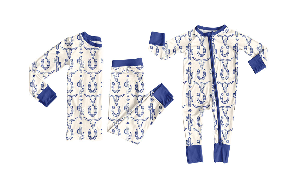 7.23 (Custom Design Preorder MOQ 5 Each Design) Cow Skull Cactus Print Boys Western Pajamas Matching Clothes