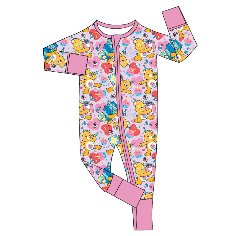 (Custom Design Preorder MOQ 20) Cartoon Bear Happy Birthday Print Baby Girls Fall Bamboo Sleeper Zipper Romper