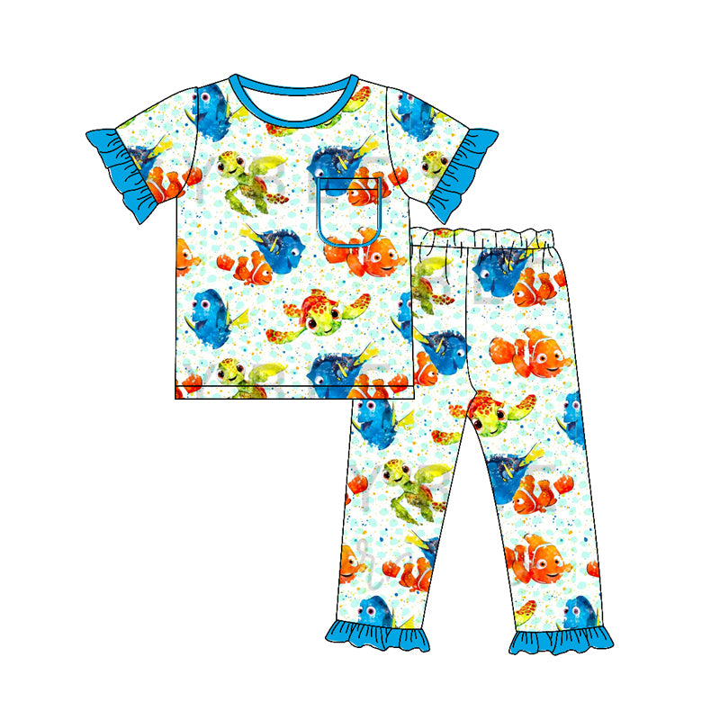 (Custom Design Preorder MOQ 5) Cartoon Fish Print Girls Pajamas Clothes Set
