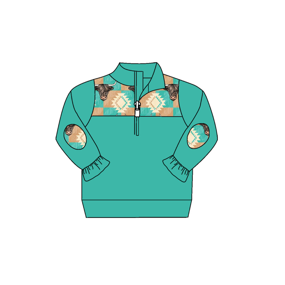 (Custom Design Preorder MOQ 5) Green Highland Cow Aztec Print Girls Long Sleeve Pullover Zipper Tops