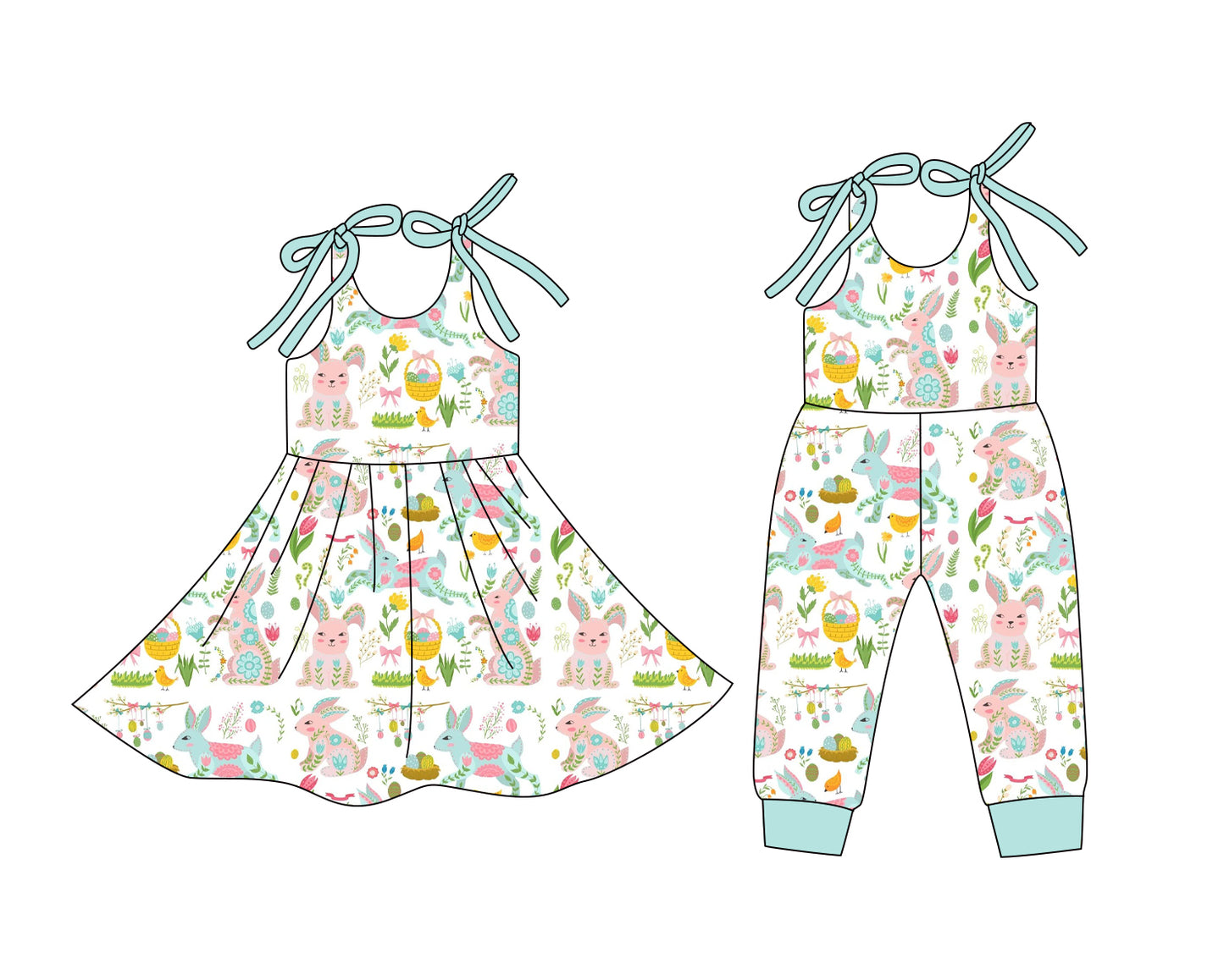 12.24 (Custom Design Preorder MOQ 5 Each Design) Bunny Flowers Print Girls Easter Matching Clothes Sisters Wear