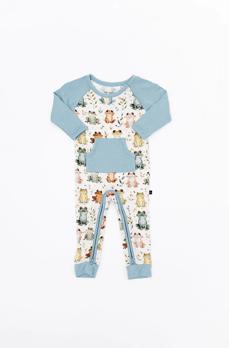 (Custom Design Preorder MOQ 5) Frog Print Baby Boys Pocket Romper