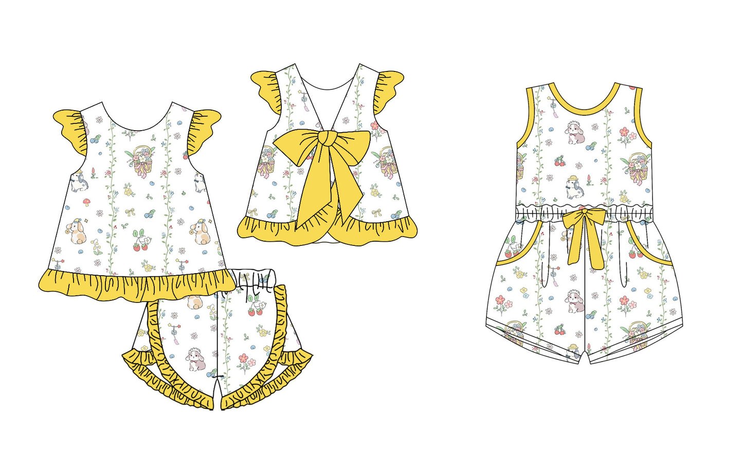 12.23(Custom Design Preorder MOQ 5 Each Design) Colorful Small Flowers Bunny Print Girls Easter Matching Clothes Sisters Wear