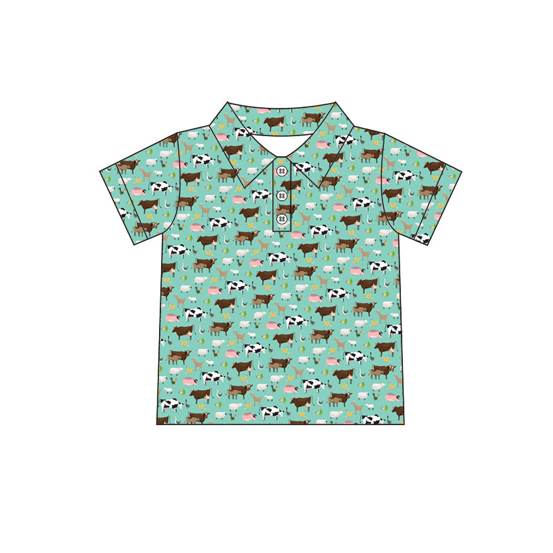 12.11(Custom Design Preorder MOQ 5 ) Cartoon Animals Green Print Boys Summer Polo Tee Shirts Top