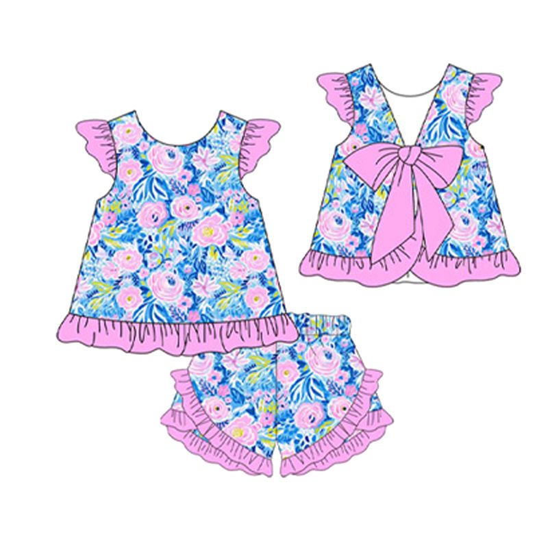 (Custom Design Preorder MOQ 5) Blue Pink Flowers Backless Top Ruffle Shorts Girls Summer Clothes Set